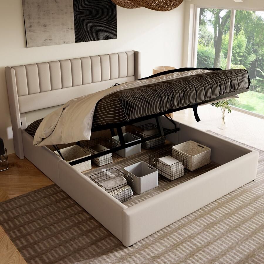 NMONET Tweepersoonsbedden 160x200 cm gestoffeerd bed Volwassenbed Jeugdbed Hydraulisch hefsysteem PU gestoffeerd hoofdeinde Metalen frame Massief houten lattenbodem Antislipvoetjes Grote opbergruimte Hedendaagse stijl Beige - Foto 2