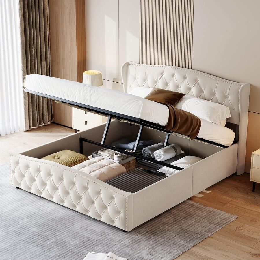 NMONET Tweepersoonsbedden 160x200 cm Jeugdbed Volwassenbed Gestoffeerd bed Golfbed klinknagels Gestoffeerd hoofdeinde Luchtdruk-hefsysteem Grote opslagruimte Metalen frame Lattenbodem Hedendaagse stijl beige