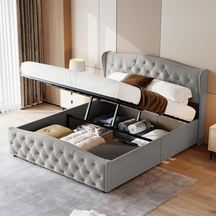 NMONET Tweepersoonsbedden 160x200 cm Jeugdbed Volwassenbed Gestoffeerd bed Golfbed klinknagels Gestoffeerd hoofdeinde Luchtdruk-hefsysteem Grote opslagruimte Metalen frame Lattenbodem Hedendaagse stijl grijs