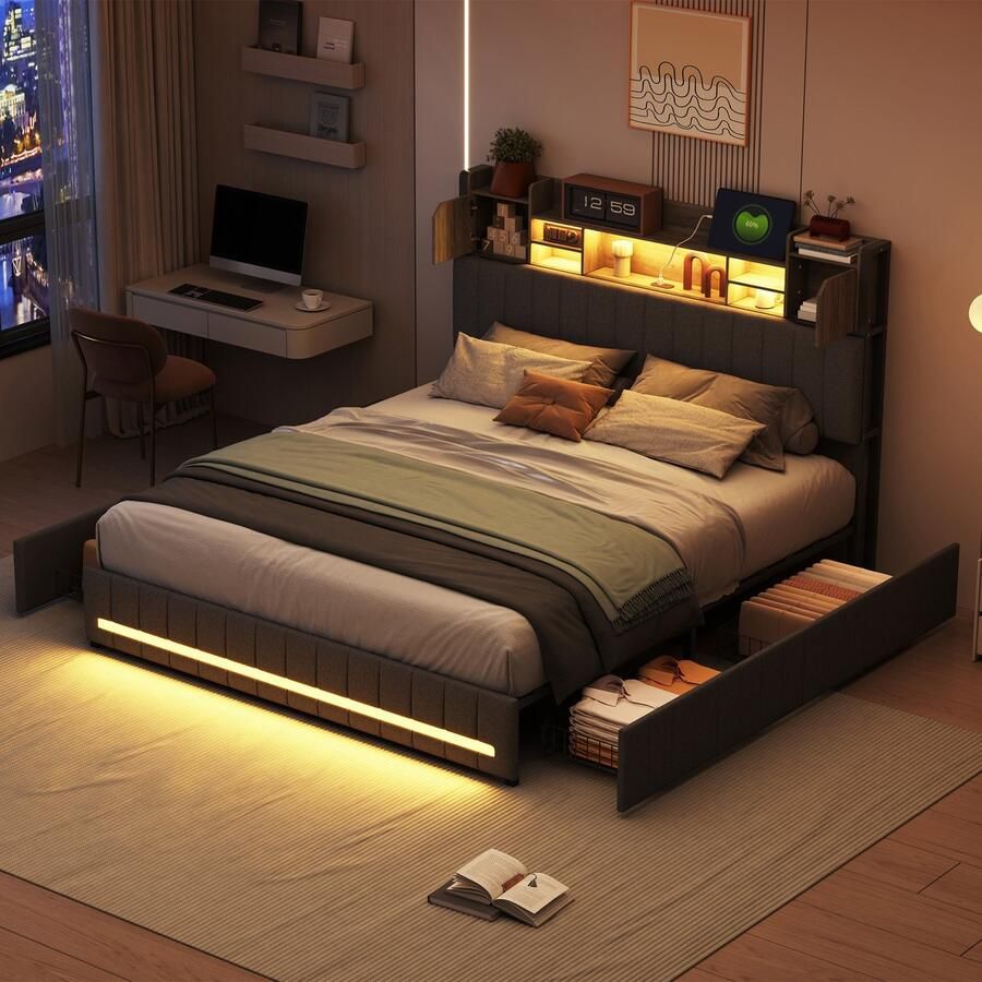 NMONET Tweepersoonsbedden 160x200 cm LED light strip 4 storage drawers Open storage compartment at the head of the bed Metal frame Slatted base USB charging port Linen upholstered headboard Ample storage space Contemporary design Grey