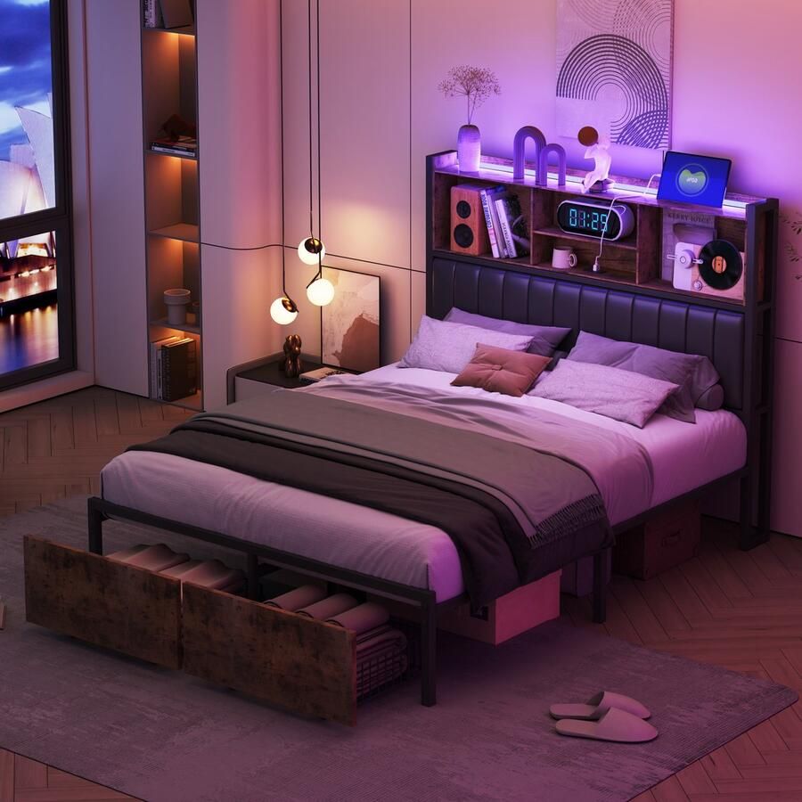 NMONET Tweepersoonsbedden 140x200 cm LED RGB-lichtstrip Smart USB-poort Twee lades Metalen frame PU gestoffeerd hoofdbord Opbergvak voor hoofdbord Veel opbergruimte Moderne stijl Zwart