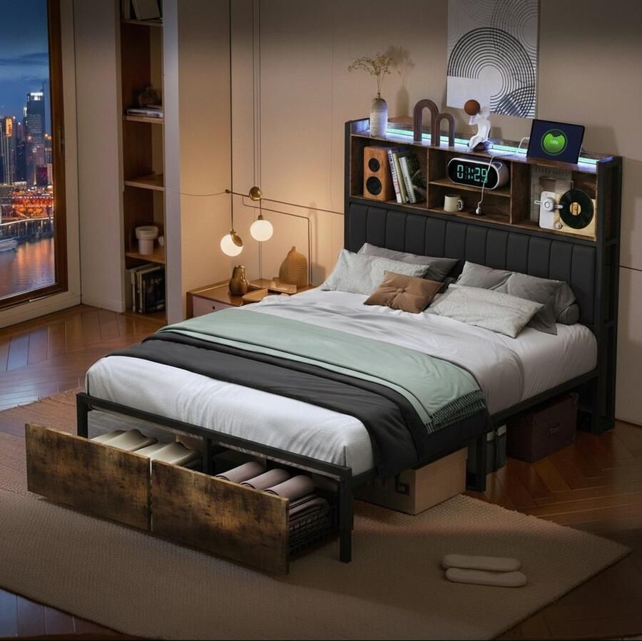 NMONET Tweepersoonsbedden 160x200 cm LED RGB-lichtstrip Smart USB-poort Twee lades Metalen frame PU gestoffeerd hoofdbord Opbergvak voor hoofdbord Veel opbergruimte Moderne stijl Zwart