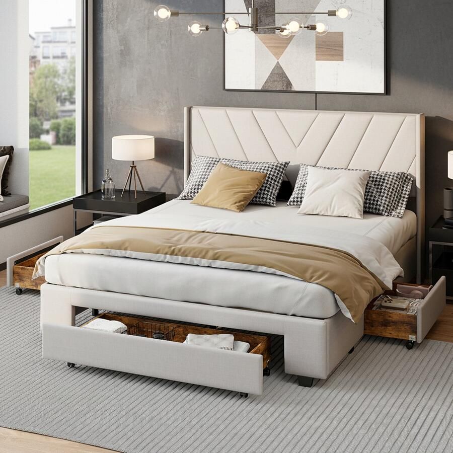 NMONET Tweepersoonsbedden 140x200 cm slaapkamer Volwassen bed Gestoffeerd bed Jeugdbed met gestoffeerd hoofdeinde Lijnpatroon PU gestoffeerd opbergbed 3 lades met houtnerfmotief Geschikt 2-3 personen beige Matras niet inbegrepen