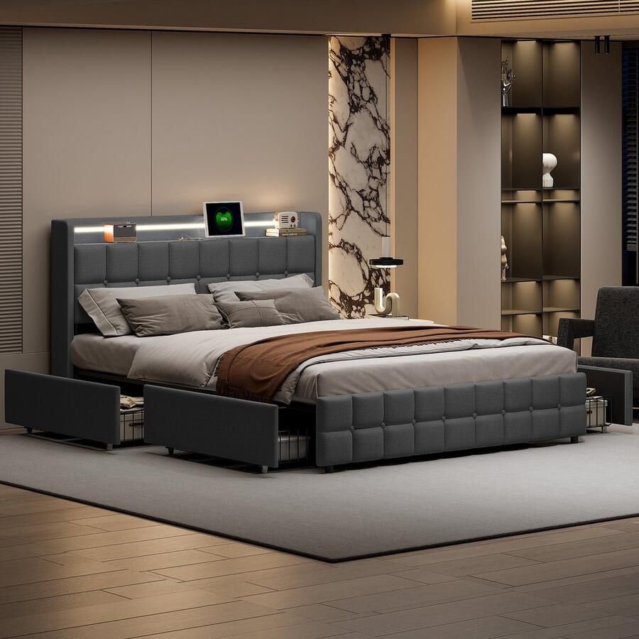 NMONET Tweepersoonsbedden 160x200 cm Slimme RGB LED lichtstrip USB oplaadpoort Gestoffeerd linnen hoofdbord Metalen frame Lattenbodem 4 lades Veel opbergruimte Moderne stijl grijs