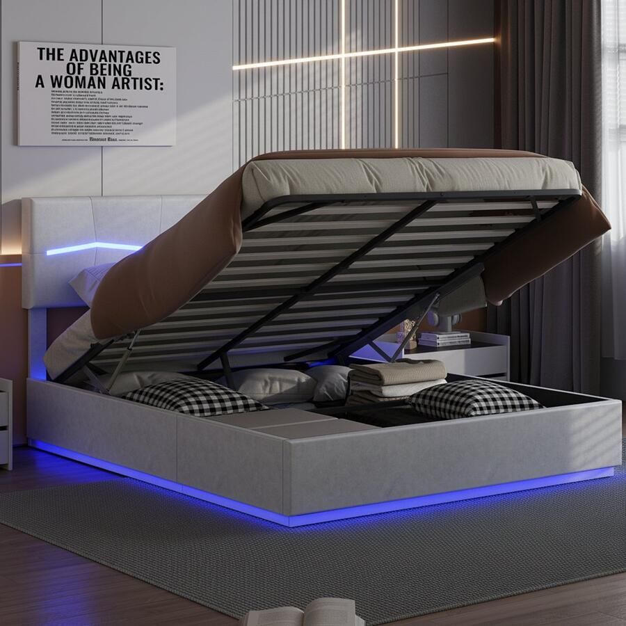 NMONET Tweepersoonsbedden 160x200 cm Volwassen Bed Tienerbed Gestoffeerd bed PU gestoffeerd hoofdbord hydraulisch liftsysteem RGB LED lichtstrip USB poort lineair streeppatroon metalen frame lattenbodem moderne stijl beige