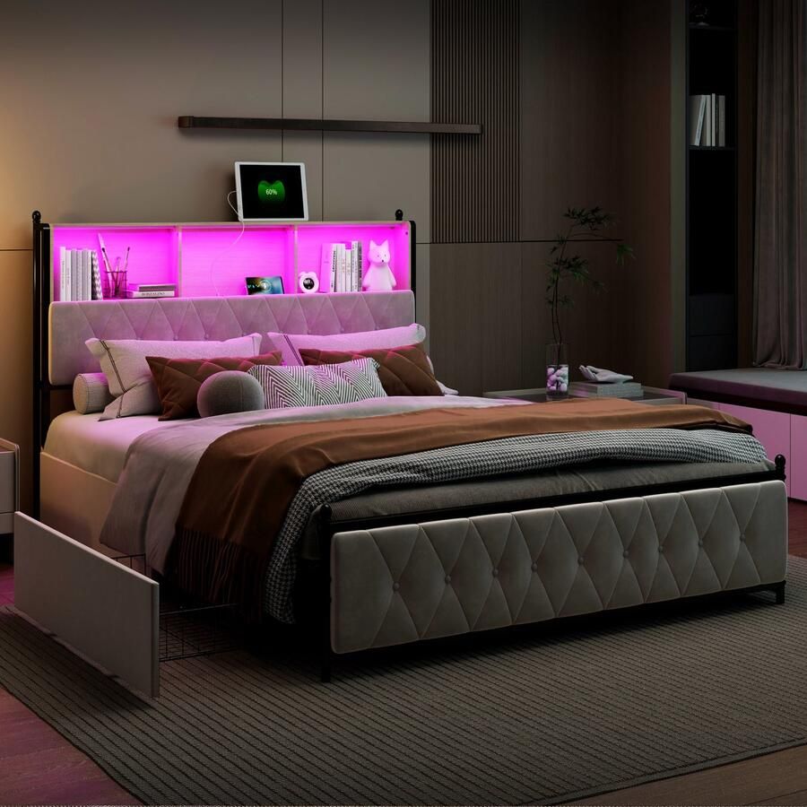 NMONET Tweepersoonsbedden 160x200 cm Volwassenbed Gestoffeerd bed USB Type-C-poort RGB-lichtstrip Hoofdbord bekleed met fluweel 4 lades 3 opbergvakken in hoofdbord Metalen frame Lattenbodem Grote opbergruimte Hedendaagse stijl Beige