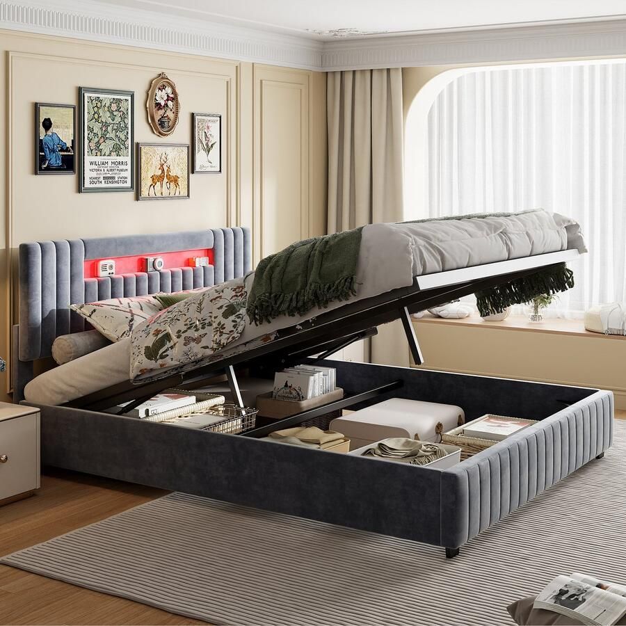 NMONET Tweepersoonsbedden 160x200 cm Volwassenbed Jeugdbed Gestoffeerd bed Hoofdbord bekleed fluweel LED lichtstrip Metalen frame Lattenbodem Hydraulisch hefsysteem Hoofdbord opbergvakken Grote opbergruimte Hedendaagse stijl Grijs