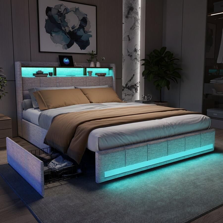 NMONET Tweepersoonsbedden 160x200 cm Volwassenbed Jeugdbed Zacht Tas bed Linnen gestoffeerd hoofdeinde Opbergrek 2 USB-poorten 1 TP-C-poort RGB LED lichtstrip Metalen frame Lattenbodem 4 lades Grote opbergcapaciteit Beige