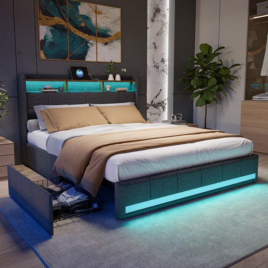 NMONET Tweepersoonsbedden 160x200 cm Volwassenbed Jeugdbed Zacht Tas bed Linnen gestoffeerd hoofdeinde Opbergrek 2 USB-poorten 1 TP-C-poort RGB LED lichtstrip Metalen frame Lattenbodem 4 lades Grote opbergcapaciteit grijs