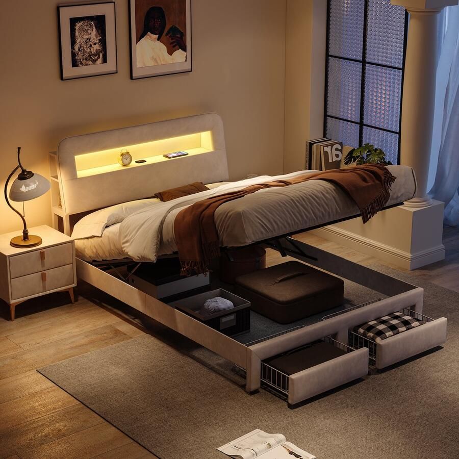 NMONET Tweepersoonsbedden 160x200 cm Volwassenbed Tienerbed Gestoffeerd bed Gestoffeerd Hoofdbord bekleed fluweel Met opbergvak Ingebouwde LED lichtstrip USB Type-C-poort 2 lades -Metalen frame Lattenbodem Moderne stijl Gebroken wit