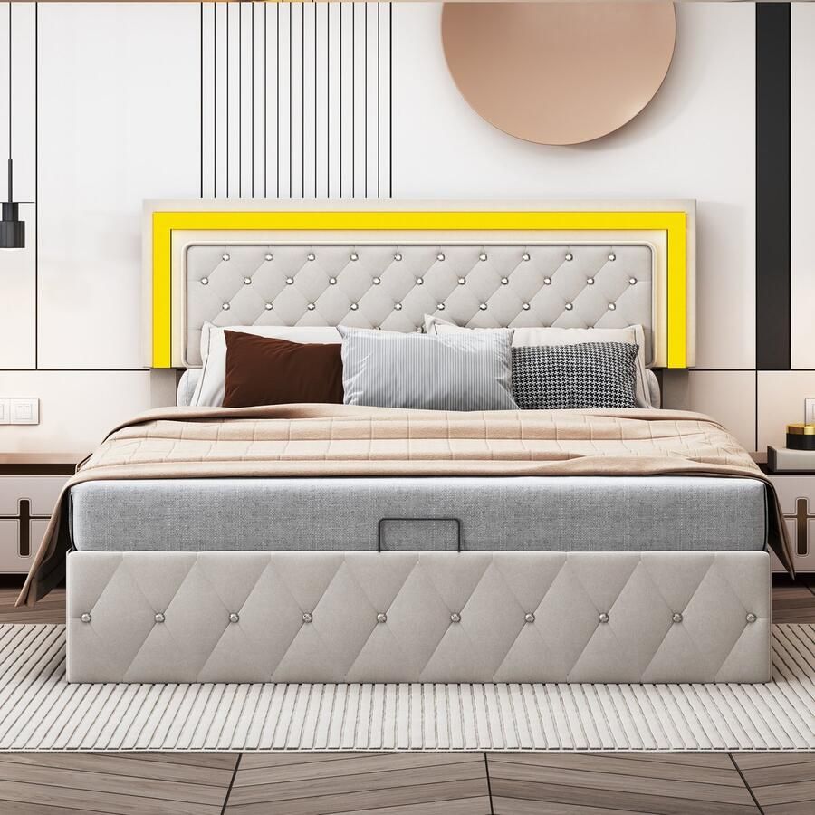 NMONET Tweepersoonsbedden Modern fluwelen gestoffeerd 160x200 cm hydraulische hendel op afstand bedienbare led-lichtstrip Decoratie met ruitpatroon lattenbodem opbergbed verdikt gestoffeerd hoofdbord voor volwassenen beige matras niet inbegrepen - Foto 2