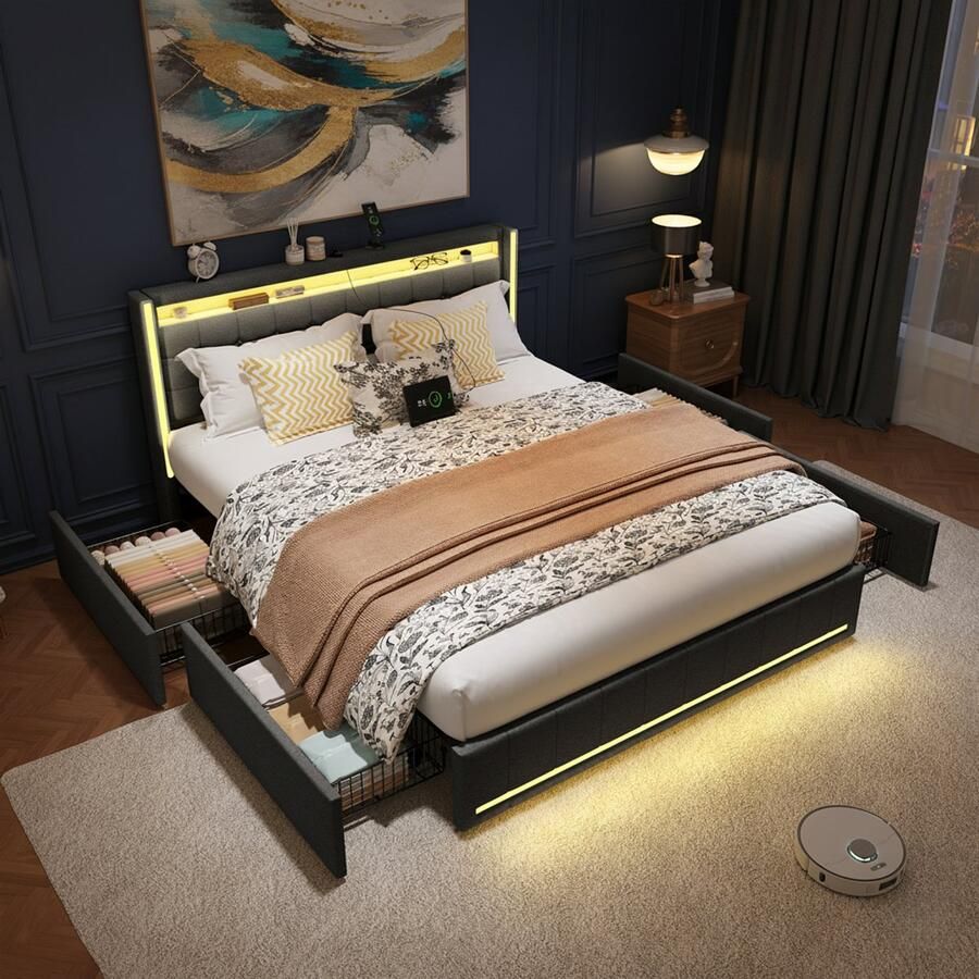 NMONET Tweepersoonsbedden 160x200 cm Zacht Tas bed Volwassenbed Jeugdbed Linnen gestoffeerd hoofdbord Slimme RGB LED-lichtstrip Opbergvak naast het bed USB Type-C-poort 4 lades Metalen frame Lattenbodem Hedendaagse stijl Donkergrijs