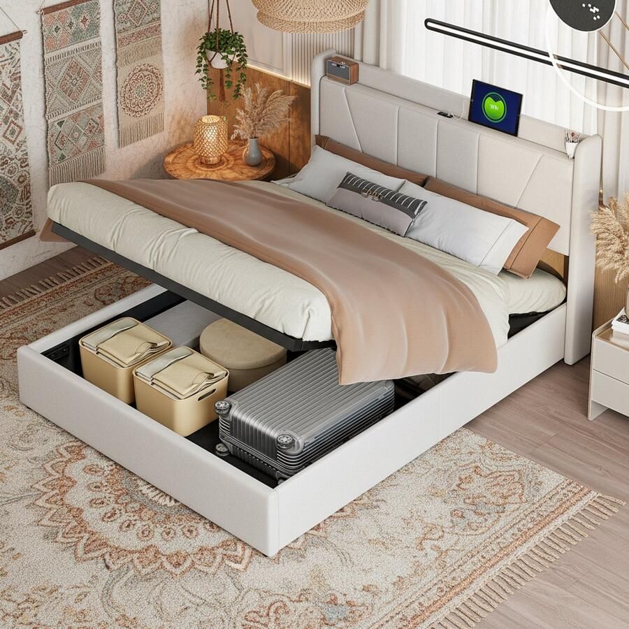 NMONET Tweepersoonsbedden 140x200 cm Zacht Tas bed Youth bed Adult bed Hydraulic lift USB Type-C charging port Linen upholstered headboard Metal frame Solid wood slats Grote opslagruimte Modern style Beige