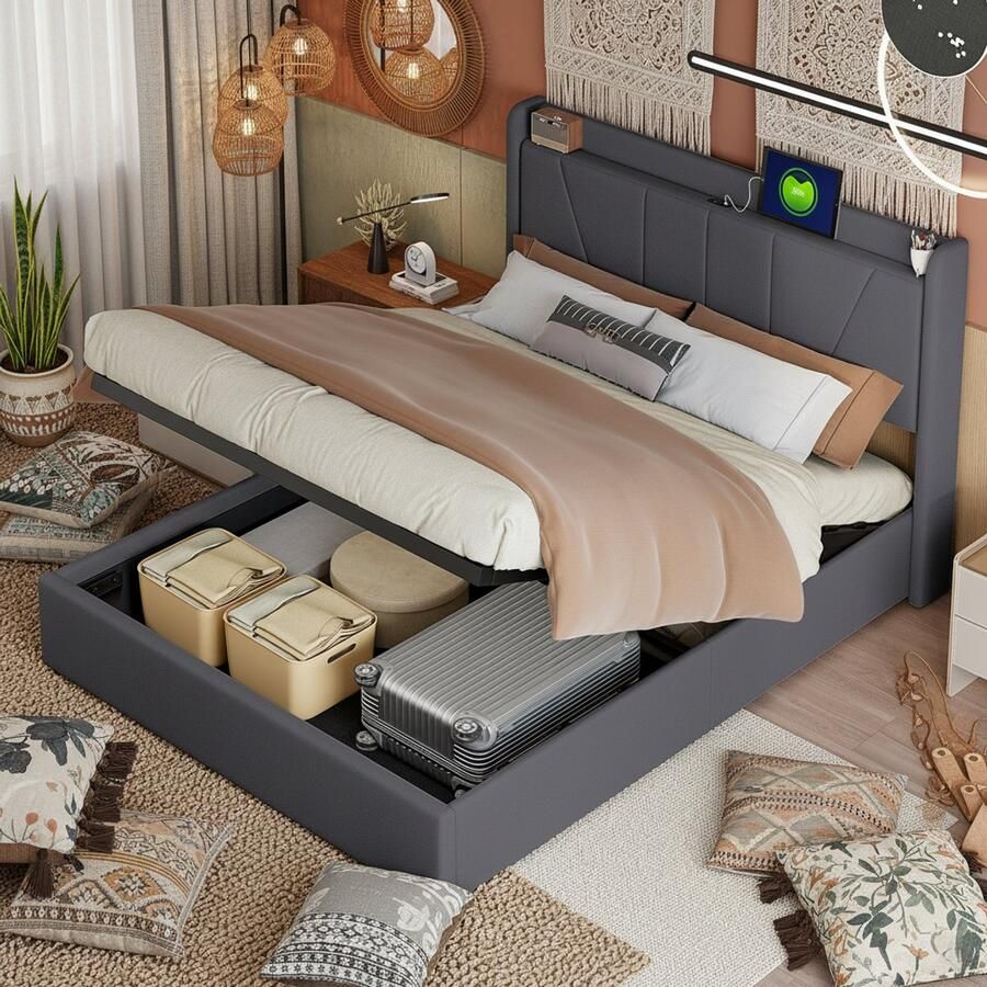 NMONET Tweepersoonsbedden 140x200 cm Zacht Tas bed Youth bed Adult bed Hydraulic lift USB Type-C charging port Linen upholstered headboard Metal frame Solid wood slats Grijs opslagruimte Modern style Beige