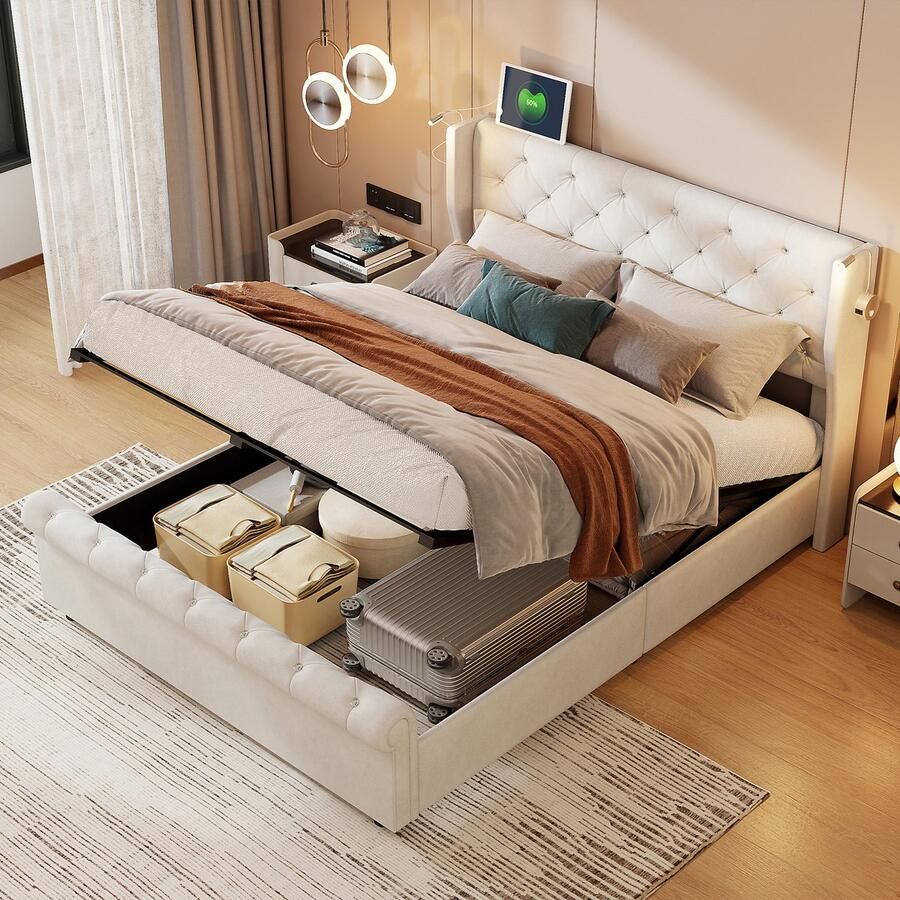 NMONET Tweepersoonsbedden 160x200cm metalen bedframe Uitgerust met 2 verstelbare bedlampjes met USB-poorten Hydraulisch hefsysteem met opbergruimte fluwelen dik gestoffeerd hoofdeinde Modern gestoffeerd bed opbergbed beige