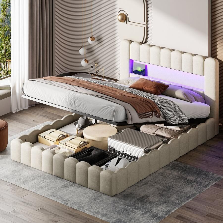 NMONET Tweepersoonsbedden 180x200 cm Gestoffeerd bed Volwassenbed Jeugdbed Linnen gestoffeerd hoofdeinde Luchtdruk hefsysteem RGB LED-lichtstrip USB-aansluiting Metalen frame Lattenbodem Grote opbergruimte Hedendaagse stijl Beige