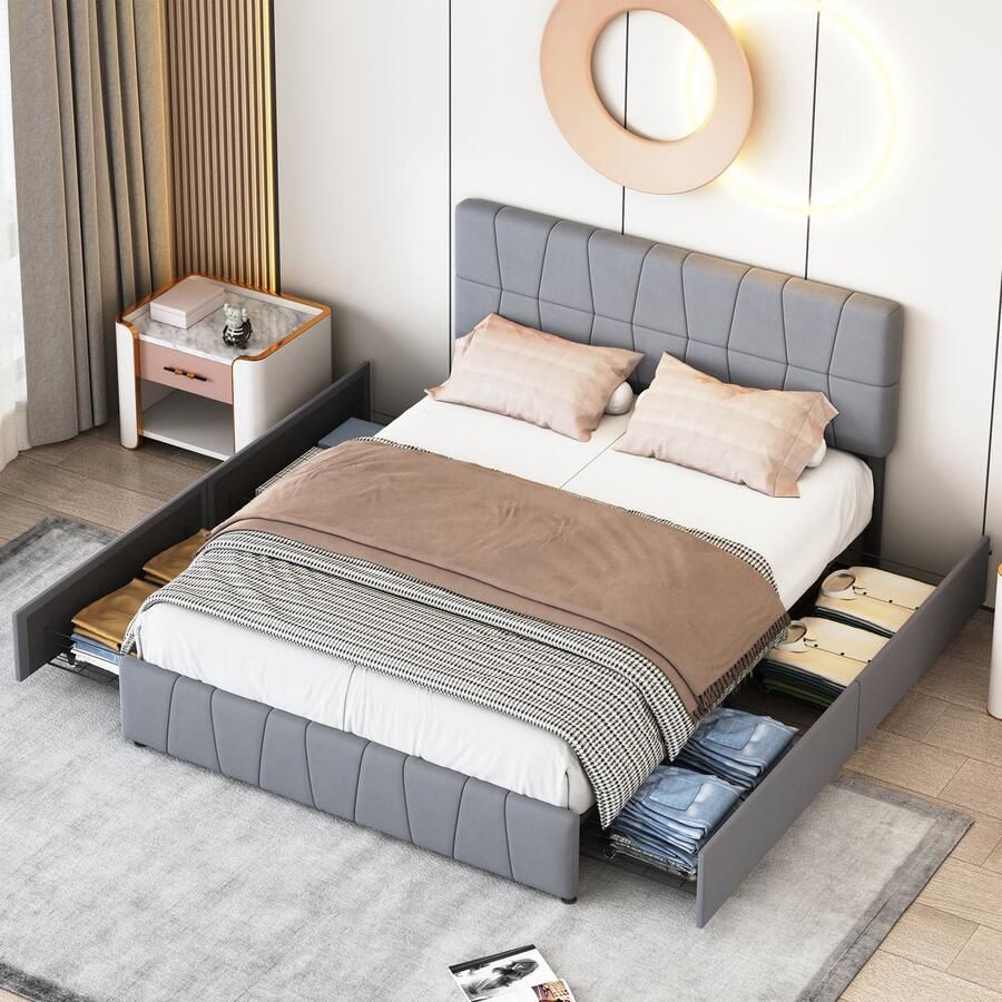 NMONET Tweepersoonsbedden 180x200 cm Volwassenbed Jeugdbed Gestoffeerd bed PU-gestoffeerd hoofdbord 4 lades Metalen frame Lattenbodem Grote opbergruimte Hedendaagse stijl Grijs