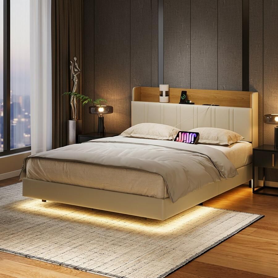 NMONET Tweepersoonsbedden Gestoffeerd 140x190 cm slaapkamer volwassen bed Verborgen opbergruimte hoofdeinde afstandsbediening LED lichtlijst PU gevoerde rugleuning verborgen poten met lattenbodem wit