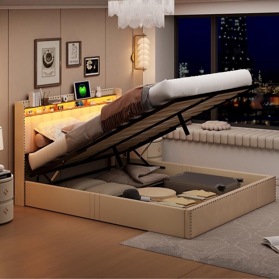 NMONET Tweepersoonsbedden Gestoffeerd 140x200 cm geschikt 2-3 personen Klinknageldecoratieopbergbed fluweel hydraulische lift en USB-interface LED-lichtstrips trellispatroon Extra opslagruimte beige matras niet inbegrepen