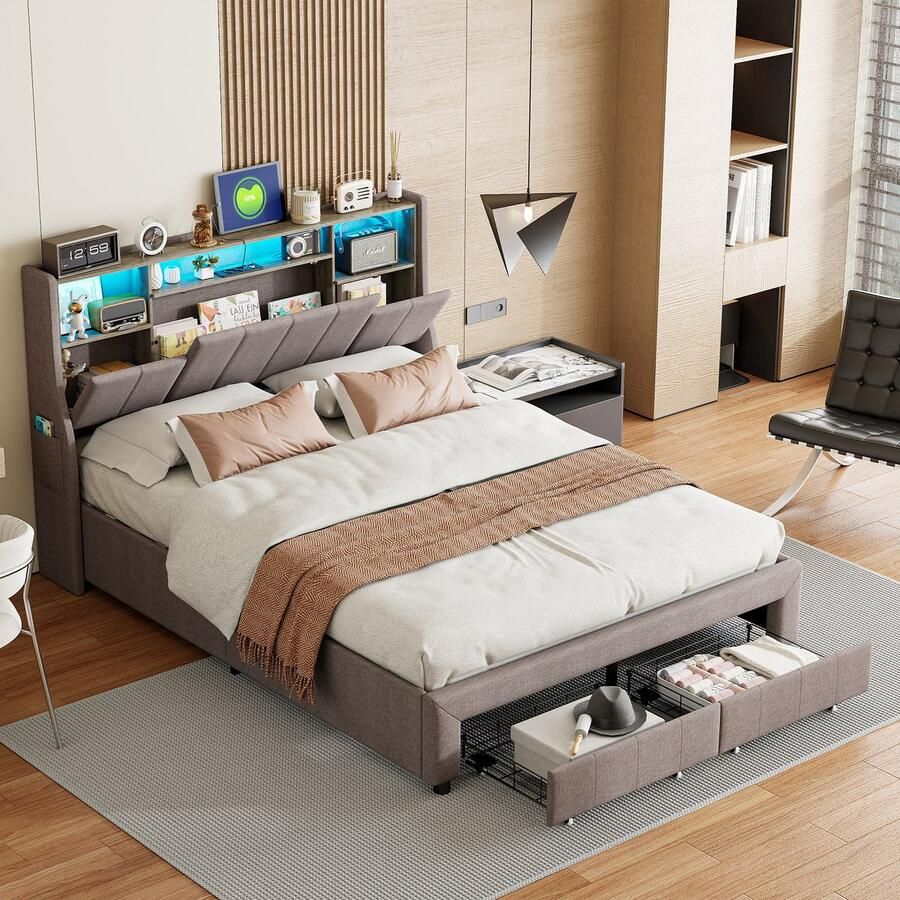 NMONET Tweepersoonsbedden Gestoffeerd 140x200 cm volwassen bed slaapkamer verborgen opbergruimte het hoofdeinde 2 grote lades slimme RGB LED lichtstrip met 22 dynamische modi geïntegreerd laadstation 2 stopcontacten 2 USB poorten grijs