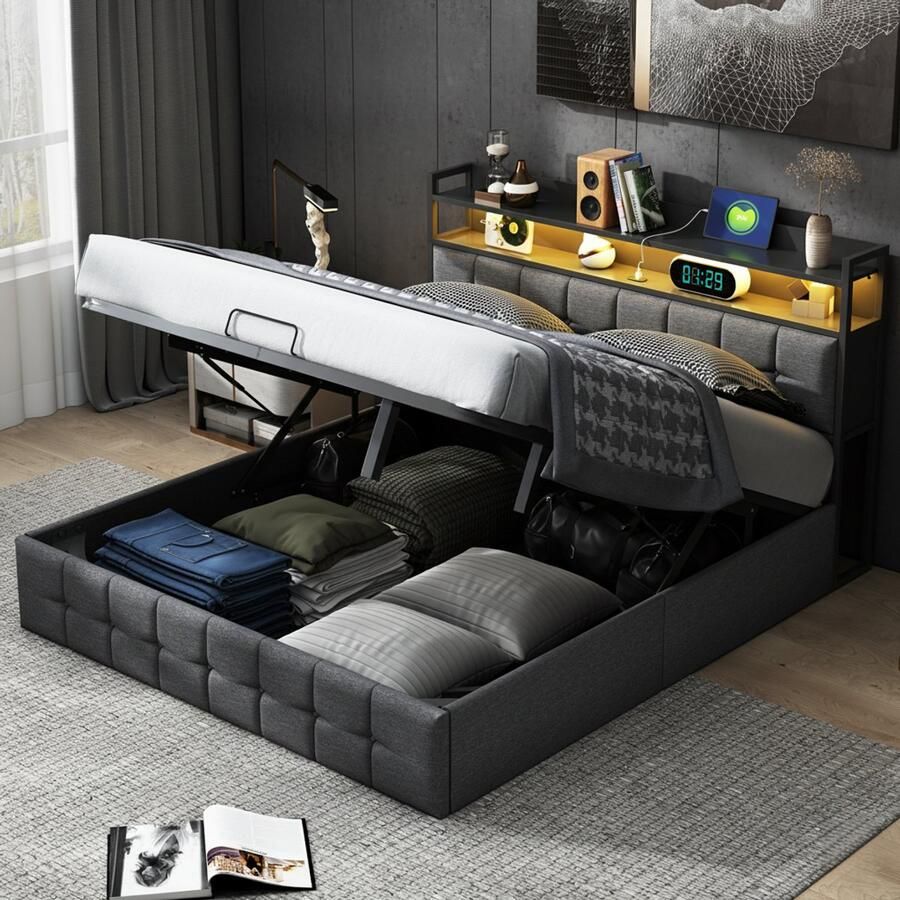 NMONET Tweepersoonsbedden Gestoffeerd 160x200 cm geschikt voor 2-3 personen met USB-aansluiting en open opbergvak slimme LED-verlichting in meer dan 6000 kleuren hydraulische stangen metalen frame rasterpatroon volwassen bed grijs