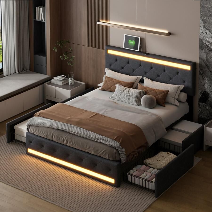 NMONET Tweepersoonsbedden gestoffeerd 160x200 cm luxe opbergbed 4 ijzeren lades gestoffeerd bed knooppatroon bed tieners in slaapkamer slimme LED lichtstrip USB poort metalen frame lattenbodem moderne stijl Geschikt 2-3 personen donkergrijs