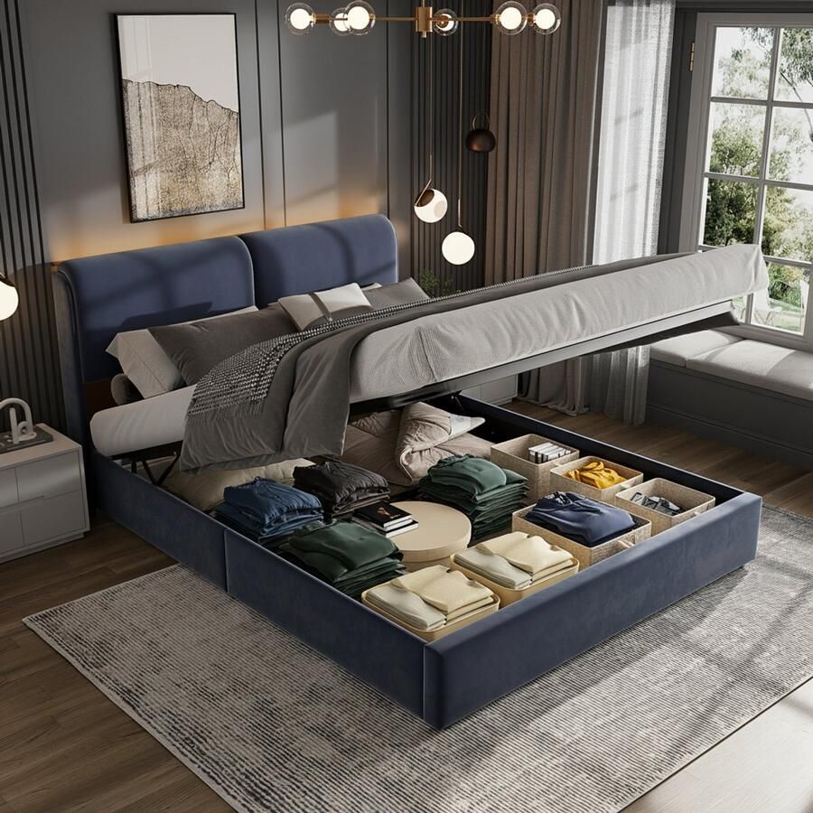 NMONET Tweepersoonsbedden gestoffeerd bed met hydraulische lift LED-stripverlichting fluwelen hoofdeinde opbergruimte opbergbed slaapkamer jeugdbed 160x200 cm met lattenbodem en metalen frame grijs