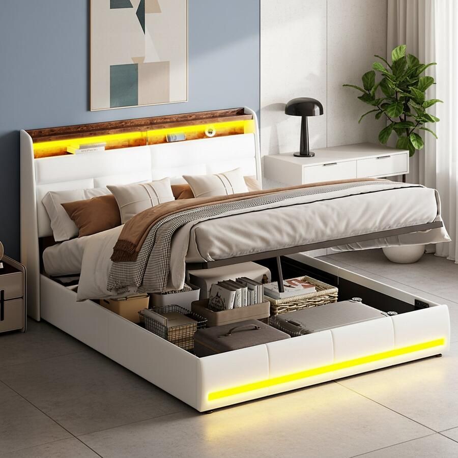 NMONET Tweepersoonsbedden Gestoffeerd beg met hoofdbord bekleed PU leer afstand bedienbare RGB LED lichtstrip hydraulische hendel slaapkamer jeugdbed 140x200 cm modern opbergbed geschikt voor 2-3 personen metalen bedframe lattenbodem beige