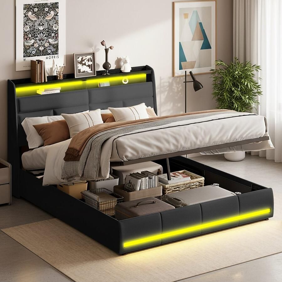 NMONET Tweepersoonsbedden Gestoffeerd beg met hoofdbord bekleed PU leer afstand bedienbare RGB LED lichtstrip hydraulische hendel slaapkamer jeugdbed 140x200 cm modern opbergbed geschikt voor 2-3 personen metalen bedframe lattenbodem zwart