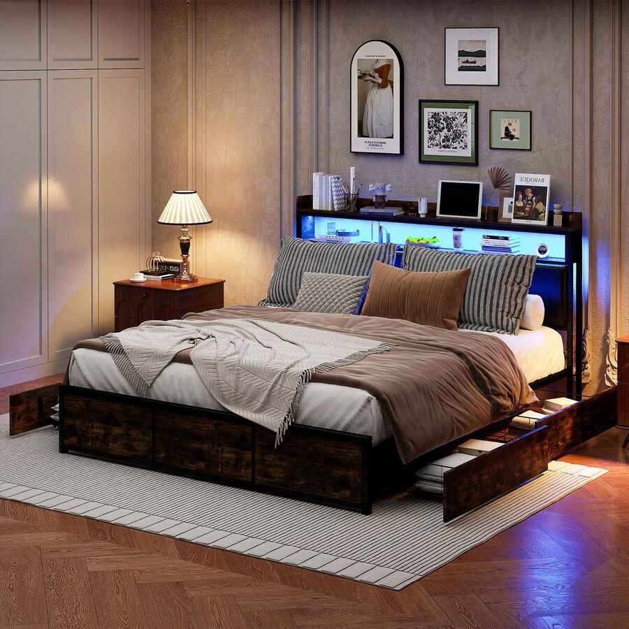 NMONET Tweepersoonsbedden Gestoffeerd slaapkamer volwassen bed tienerbed opbergbed 140x200 cm ijzeren bedframe open opbergvakken 4 lades app-gestuurde slimme LED-lichtstrip dik PU-gevoerd hoofdeinde ideaal voor tieners en volwassenen zwart