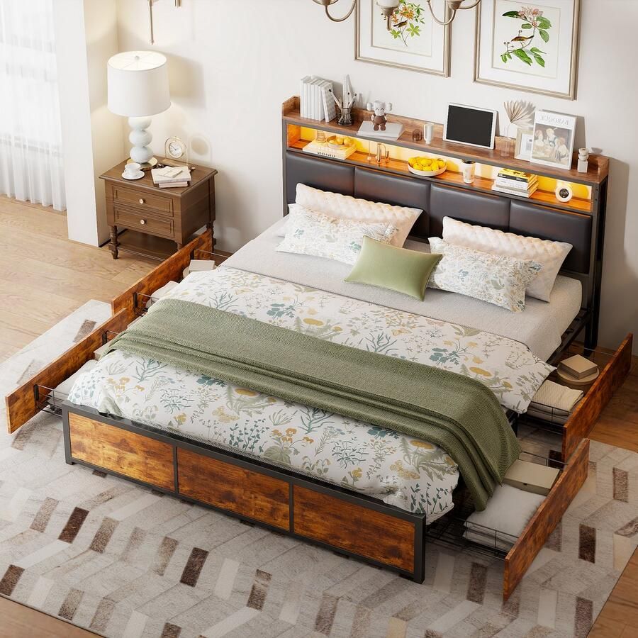 NMONET Tweepersoonsbedden Gestoffeerd slaapkamer volwassen bed tienerbed opbergbed 160x200 cm ijzeren bedframe open opbergvakken 4 lades app-gestuurde slimme LED-lichtstrip dik PU-gevoerd hoofdeinde ideaal voor tieners en volwassenen zwart