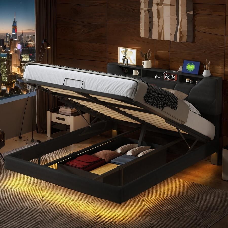 NMONET Tweepersoonsbedden 140x200 cm Zacht Tas bed Volwassenbed Jeugdbed Twee traps verstelbaar hoofdeinde PU gestoffeerd hoofdeinde met opbergvakken Hydraulisch liftsysteem RGB LED lichtstrip USB poort Metalen frame Lattenbodem Zwart