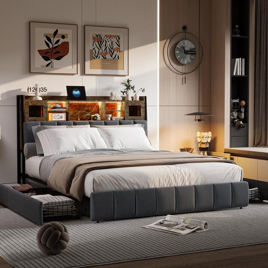 NMONET Tweepersoonsbedden Gestoffeerd USB-functie en stopcontact opbergvakken ledverlichting linnen gestoffeerd hoofdbord Gestoffeerd bed voor tieners in slaapkamer 160x200 cm met metalen frame 4 lades zwart