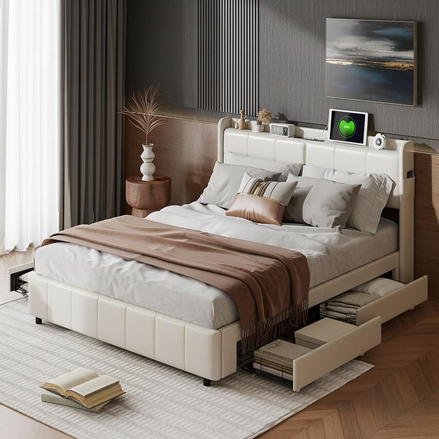 NMONET Tweepersoonsbedden Gestoffeerd USB oplaadpoort slaapkamerbed met 4 lades 140x200 cm Metalen bedframe PU zachte taswikkeling Grote opslagruimte Opbergvakken aan beide zijden volwassen bed jeugdbed geschikt voor volwassenen en tieners Wit