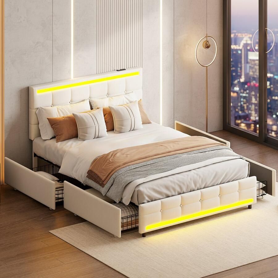 NMONET Tweepersoonsbedden luxe Moderne slaapkamer gestoffeerd bed 140x200 cm afstand bedienbare led-lichtstrip in meer 6000 kleuren USB-oplaadfunctie Rasterpatroon 4 lades wielen Linnen gestoffeerd hoofdbord opbergbed jeugdbed beige