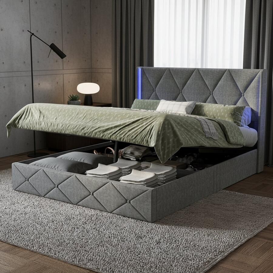 NMONET Tweepersoonsbedden Luxe slaapkamer gestoffeerd bed 160x200 cm ruitpatroon Verdikking hoofdeinde LED verlichting met afstandsbediening hydraulische stangen lattenbodem opbergruimte grijs