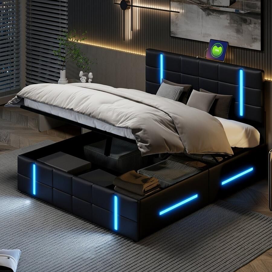 NMONET Tweepersoonsbedden Modern 160x200 cm gestoffeerd bed voor de slaapkamer bed voor volwassenen jeugdbed opbergbed PU gestoffeerd hoofdeinde met rasterpatroon USB-oplaadpoort slimme RGB LED-lichtstrip met 4 functies hydraulische stang zwart