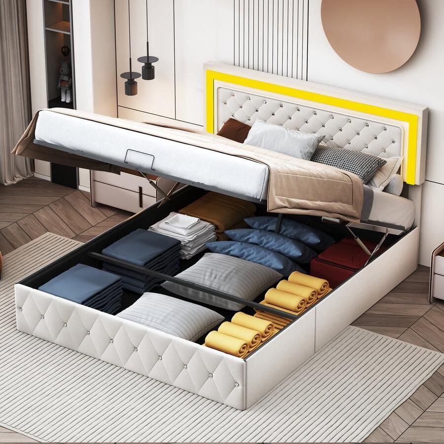 NMONET Tweepersoonsbedden Modern fluwelen gestoffeerd 160x200 cm hydraulische hendel op afstand bedienbare led-lichtstrip Decoratie met ruitpatroon lattenbodem opbergbed verdikt gestoffeerd hoofdbord voor volwassenen beige matras niet inbegrepen