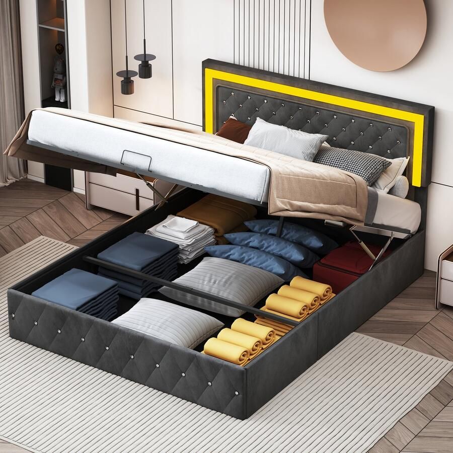 NMONET Tweepersoonsbedden Modern fluwelen gestoffeerd 160x200 cm hydraulische hendel op afstand bedienbare led-lichtstrip Decoratie met ruitpatroon lattenbodem opbergbed verdikt gestoffeerd hoofdbord voor volwassenen zwart matras niet inbegrepen