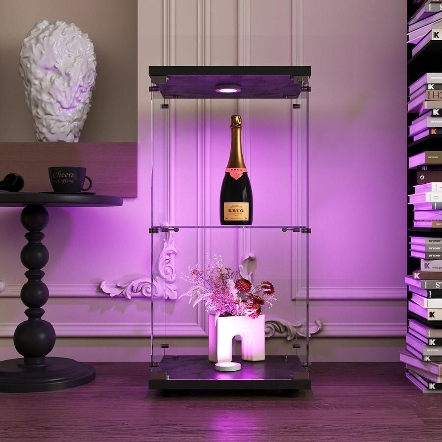 NMONET Vitrinekasten glazen vitrinekast Wandkasten houten frame Met slotbeveiliging LED lichtstrip Antislipmatten 40x36x86 cm Moderne stijl Zwart