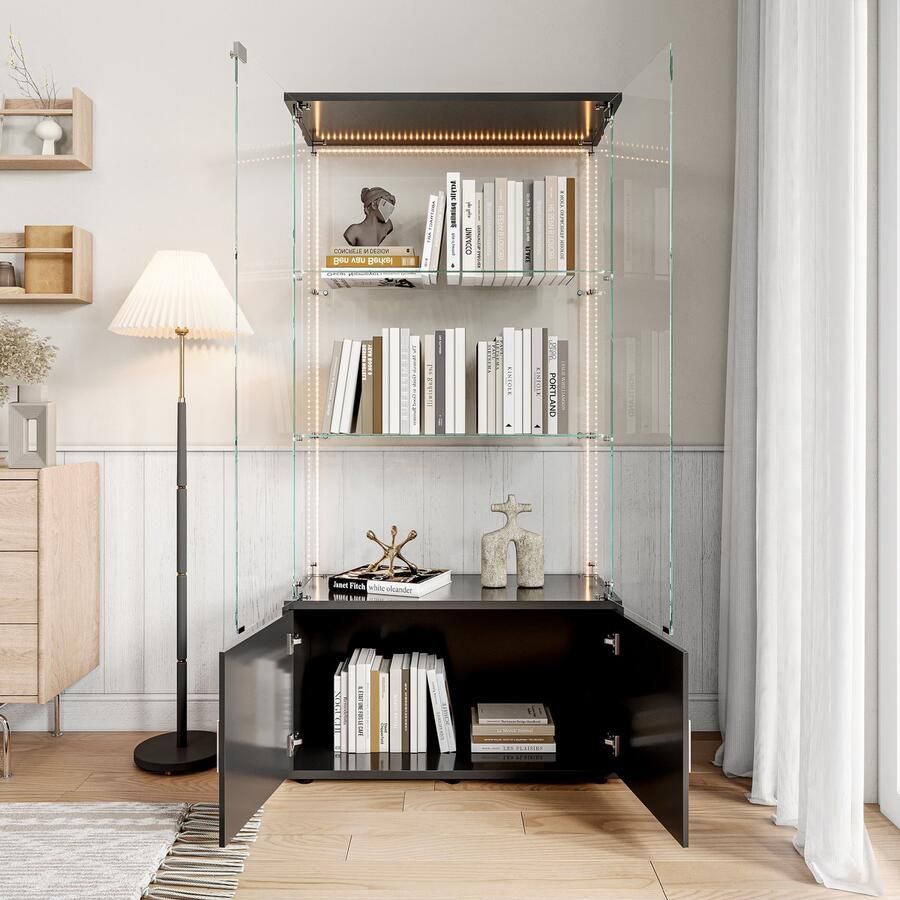 NMONET Vitrinekasten Wandkast glazen vitrinekast RGB LED strips Gehard glas Kastdeursloten 2 deurs kluisjes Aluminium handgrepen Grote opbergruimte 78x35x164 cm Moderne stijl zwart