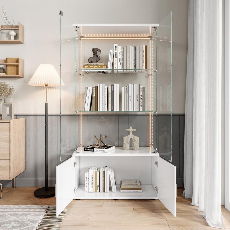 NMONET Vitrinekasten Wandkast glazen vitrinekast RGB LED strips Gehard glas Kastdeursloten 2 deurs kluisjes Aluminium handgrepen Grote opbergruimte 78x35x164 cm Moderne stijl Wit