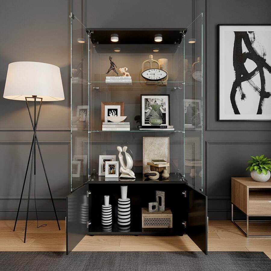 NMONET Vitrinekasten Wandkast glazen vitrinekast RGB LED verlichting Gehard glas Kastdeursloten 2 deurs kluisjes Aluminium handgrepen Grote opbergruimte 78x35x164 cm Moderne stijl zwart