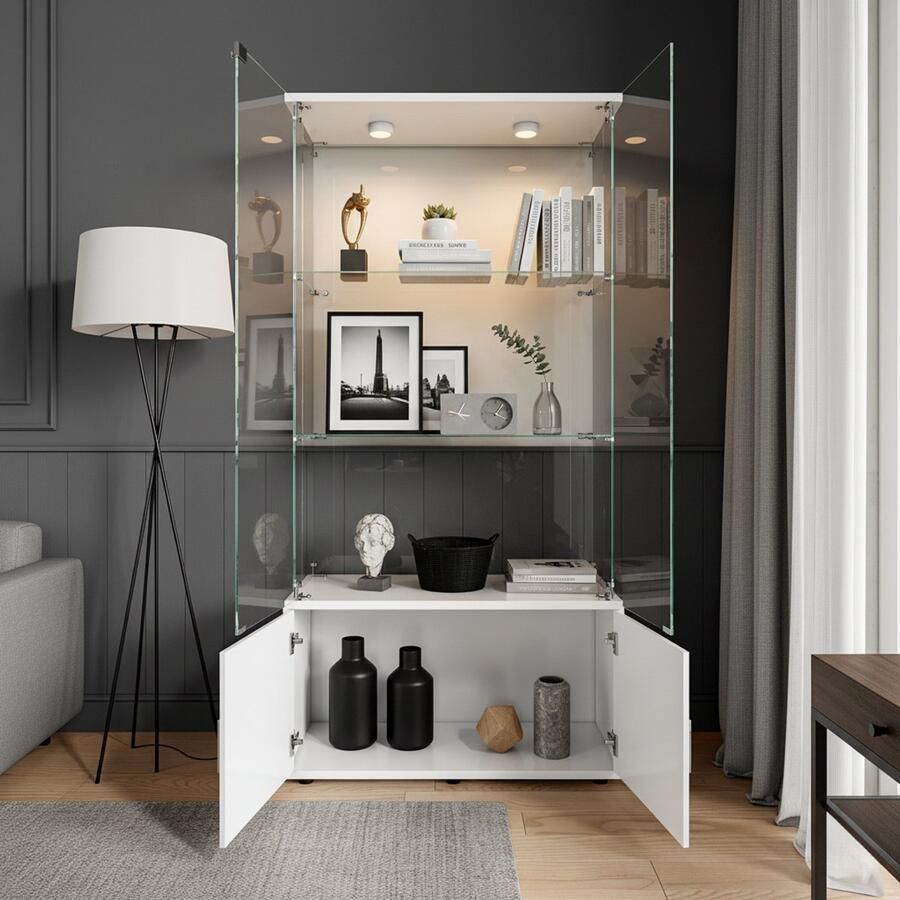 NMONET Vitrinekasten Wandkast glazen vitrinekast RGB LED verlichting Gehard glas Kastdeursloten 2 deurs kluisjes Aluminium handgrepen Grote opbergruimte 78x35x164 cm Moderne stijl Wit