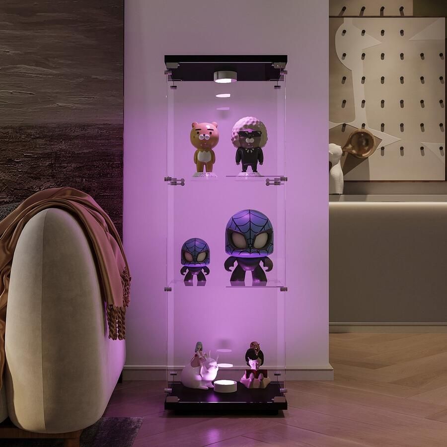 NMONET Vitrinekasten Wandkast LED-stripverlichting Met veiligheidsslot Grote opbergruimte Meerdere glazen planken Gehard glas 42x36x125 cm Moderne stijl Zwart