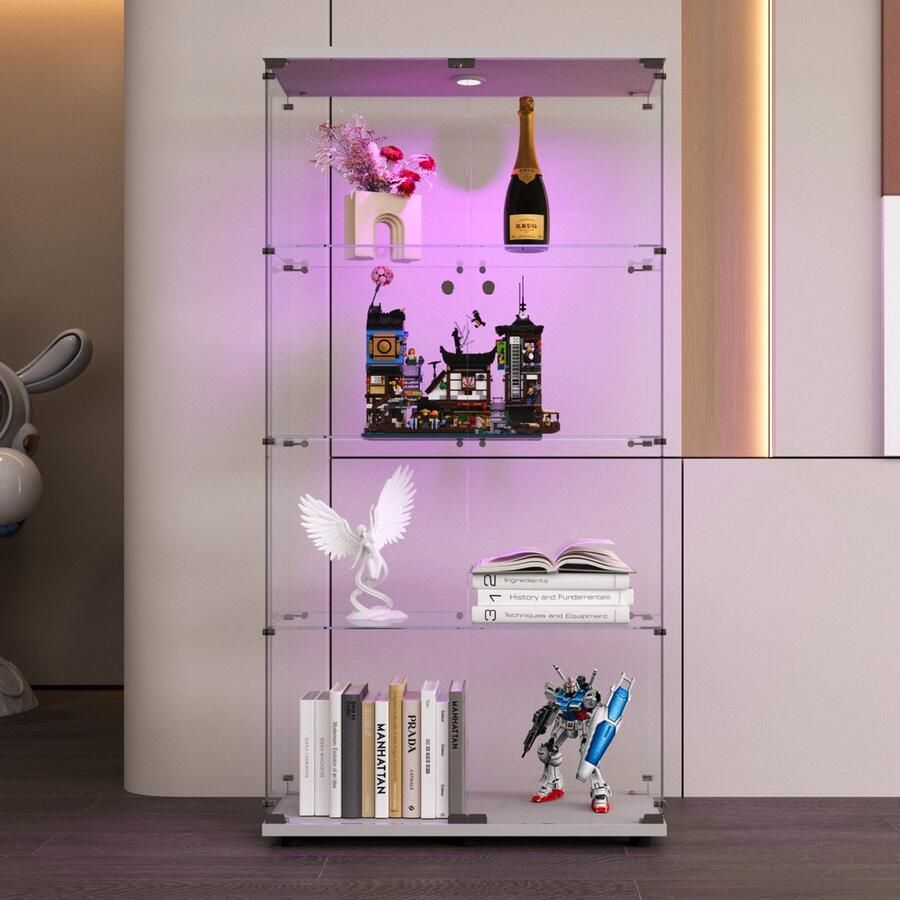 NMONET Vitrinekasten Wandkast Opbergkast LED-stripverlichting Gehard glas 8 opbergvakken 2 deuren Wit basis Grote opbergruimte 80x36x163 cm Minimalistische stijl Wit