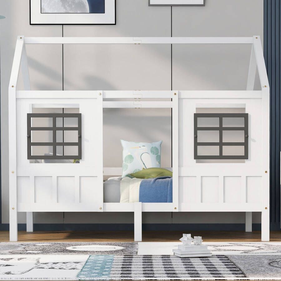 No daybed met onderschuifbed-Huisbed kids -met 2 ramen- frame gemaakt van grenen-MDF wit 200x90cm