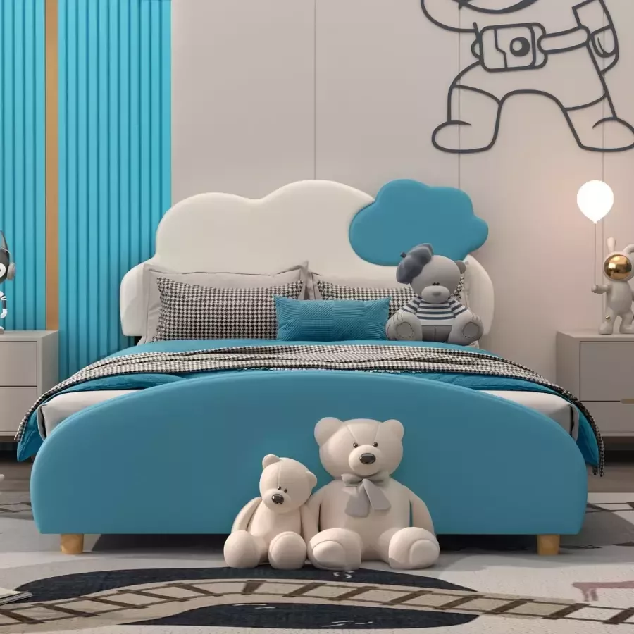 No Kinderbed gestoffeerd bed met hoofdeinde (wolken ontwerp) met houten lattenbodem PU leer blauw + wit (90x200cm)