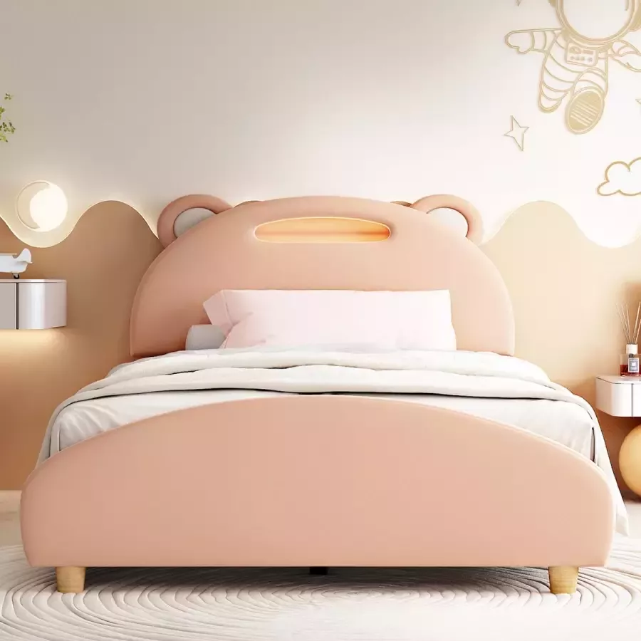 No Kinderbed gestoffeerd bed met LED-strip met hoofdeinde (grappige berenkopvorm) met houten lattenbodems fluweel kaki (90x200cm)
