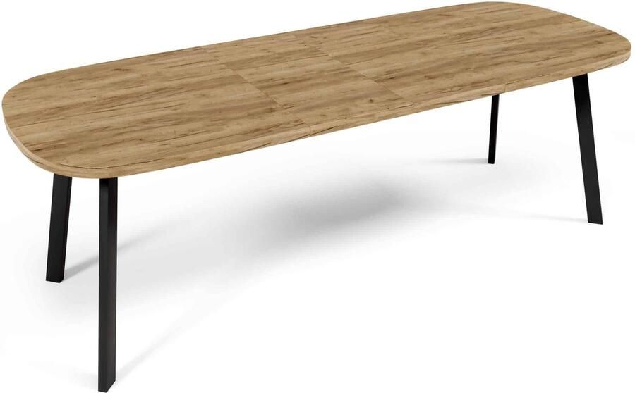 NoaHome  Aurora Reveal Uitschuifbare Eettafel – Goud Eiken Metaal – Industriële Houten Uitschuiftafel 8‑12 Persoons – Rechthoekige Design Eettafel – Geschikt voor Grote Gezelschappen